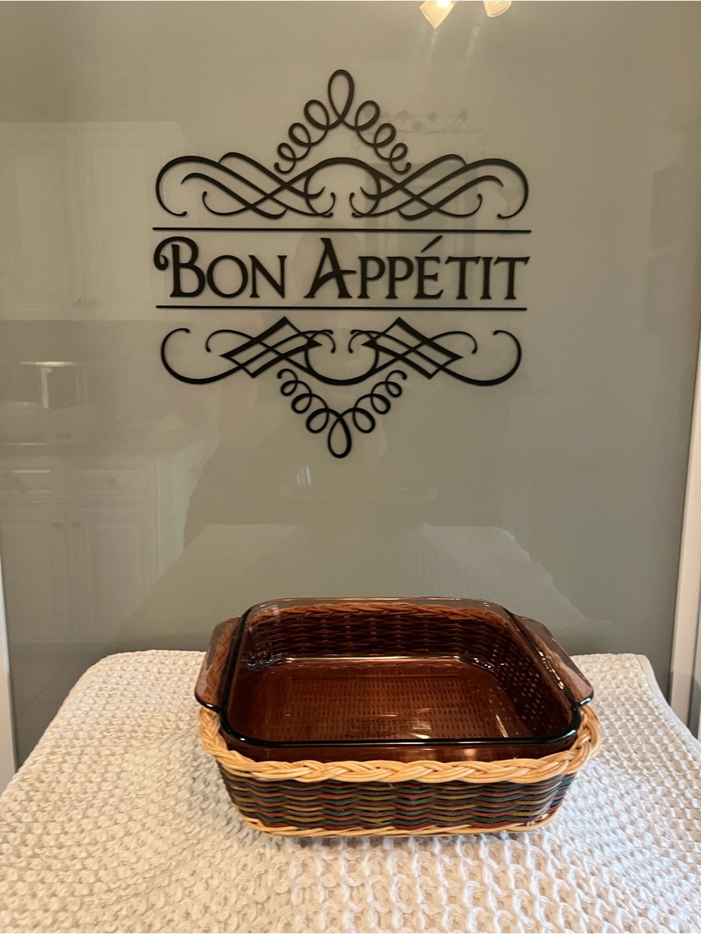 Vintage Pyrex 8 x 8 baking dish with basket amber color 411